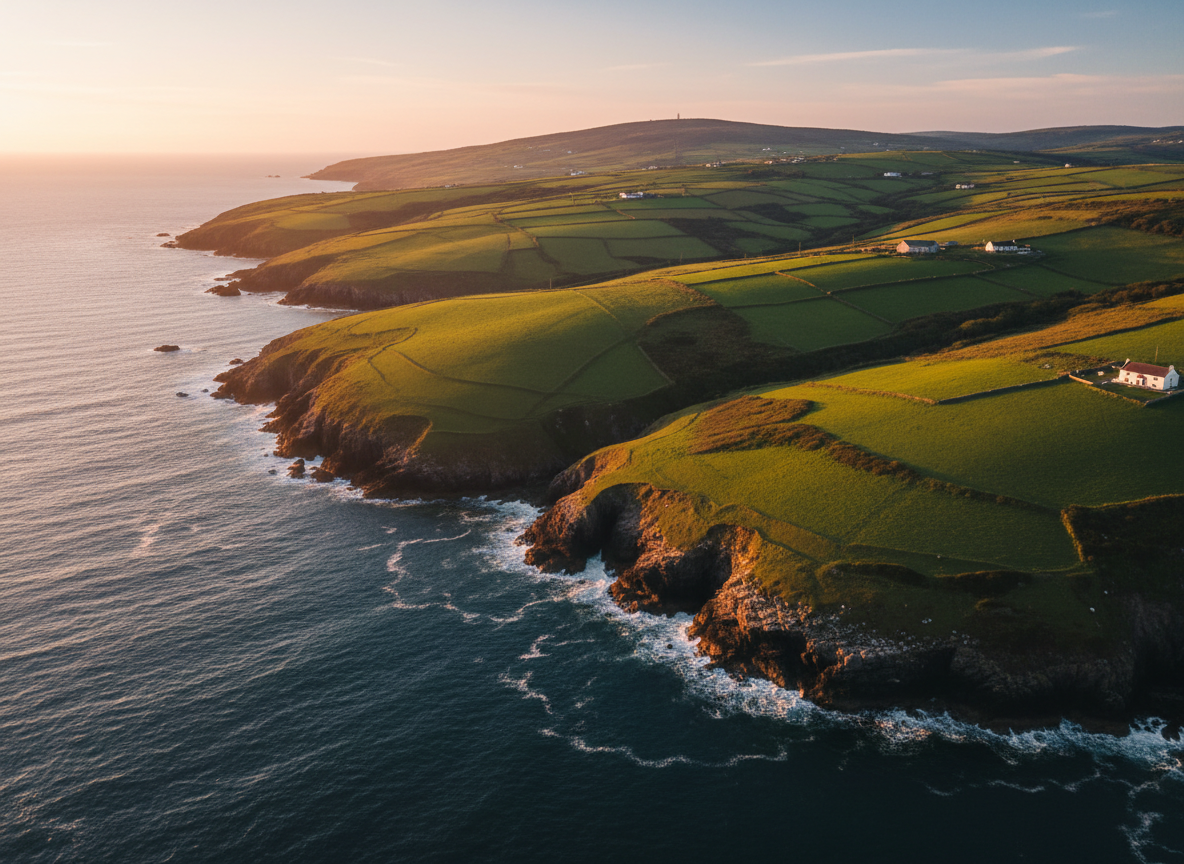 County Cork coastline and green landscape at golden hour