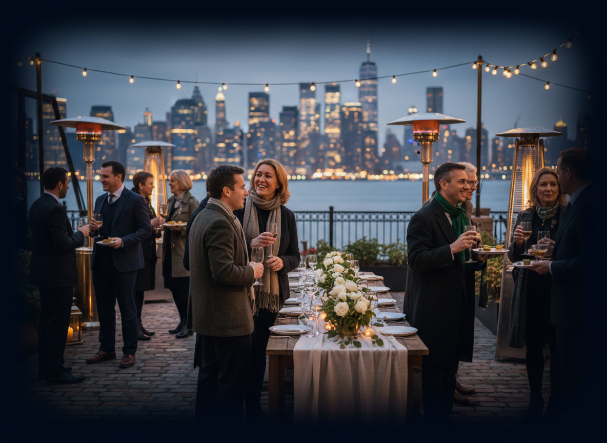 People gathering at a refined waterfront community event in the United States